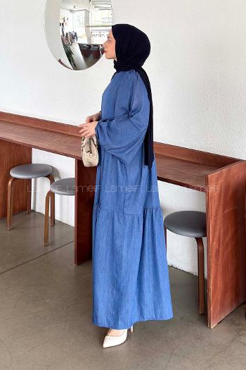 Denim Blue Crew Neck Cotton Printed Dresess