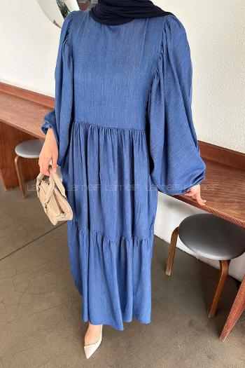 Denim Blue Crew Neck Cotton Printed Dresess