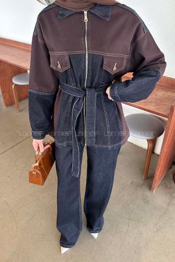 Lamelif Çift Renk Kuşaklı İkili Takım Koyu Mavi