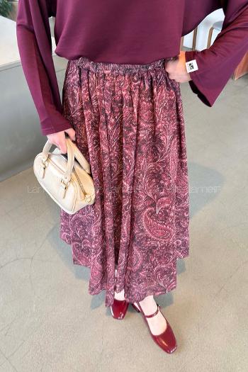 Lamelif Desenli Şifon Etek Bordo
