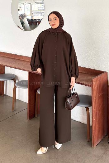 Lamelif Kol Büzgü Detaylı Takım Kahve