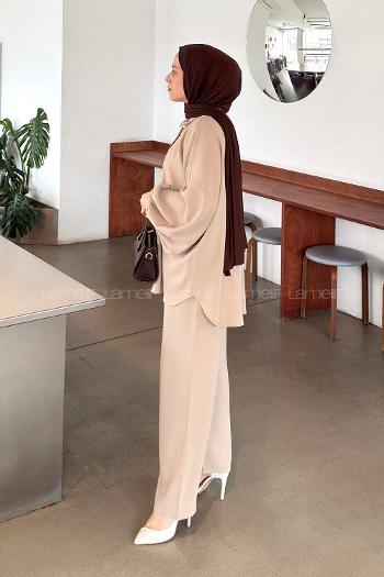 Lamelif Kol Büzgü Detaylı Takım Taş Rengi