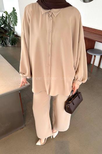 Lamelif Kol Büzgü Detaylı Takım Taş Rengi