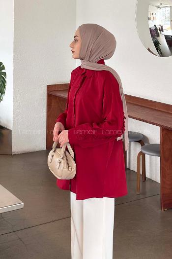 Claret Red Shirt Collar Long Arm Cotton Shirt