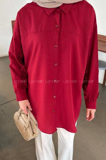 Claret Red Shirt Collar Long Arm Cotton Shirt