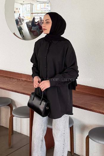 Lamelif Kol Fırfır Detaylı Gömlek Siyah