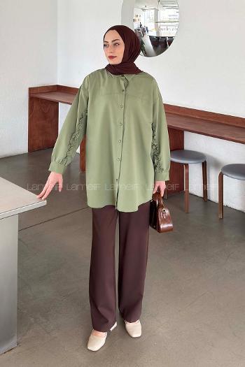 Lamelif Kol Fırfır Detaylı Gömlek Yeşil