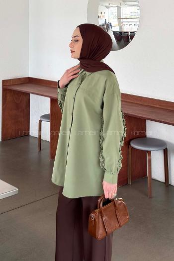 Lamelif Kol Fırfır Detaylı Gömlek Yeşil