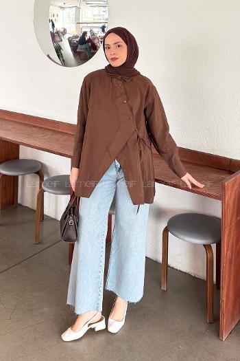 Lamelif Önü Çapraz Bağlamalı Gömlek Kahverengi