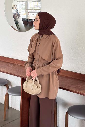 Lamelif Pelerin Detaylı Gömlek Soft Kahve