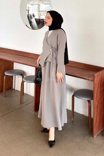 Lamelif Yan Bağlama Detaylı Etekli Takım Gri