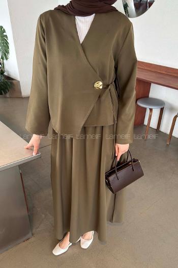 Lamelif Yan Bağlama Detaylı Etekli Takım Haki