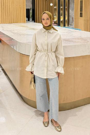 Beige Shirt Collar Long Arm Cotton Shirt