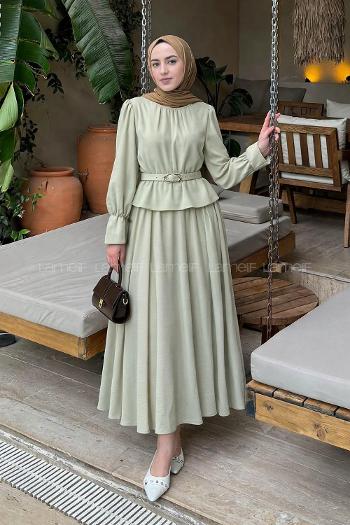 Lamelif Büzgü Detaylı Kemerli Etekli Takım Mint Yeşili