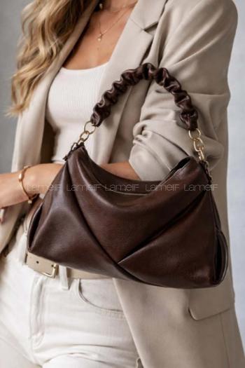 Lamelif Büzgülü Çift Askılı Kadın Omuz Çantası Acı Kahve