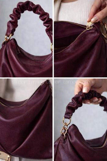 Lamelif Büzgülü Çift Askılı Kadın Omuz Çantası Bordo