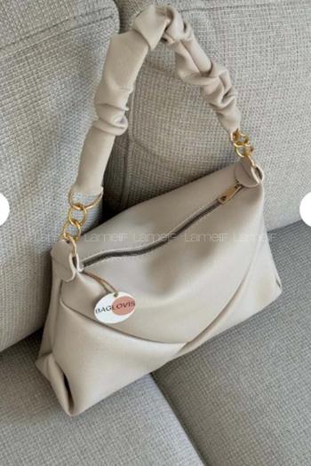 Lamelif Büzgülü Çift Askılı Kadın Omuz Çantası Krem
