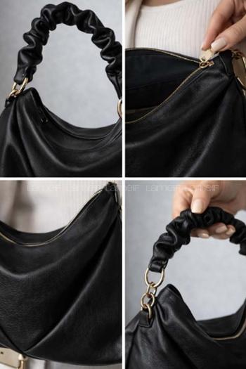 Lamelif Büzgülü Çift Askılı Kadın Omuz Çantası Siyah