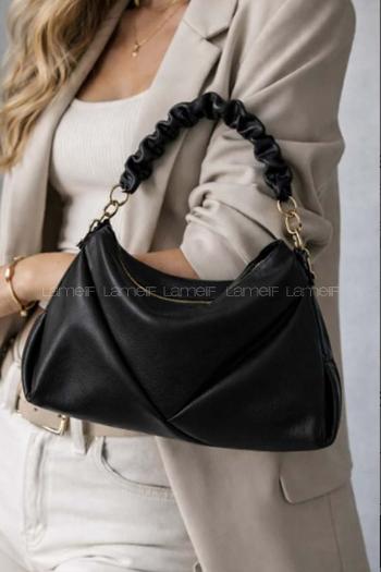 Lamelif Büzgülü Çift Askılı Kadın Omuz Çantası Siyah