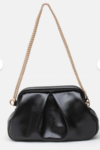 Lamelif Clutch Form Uzun Askılı Degas Kadın Çanta Parlak Siyah