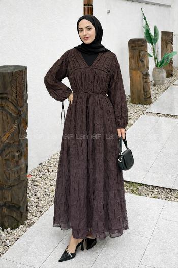 Lamelif Gofreli Bağcık Detaylı Tesettür Elbise Acı Kahve