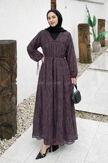 Lamelif Gofreli Bağcık Detaylı Tesettür Elbise Mürdüm