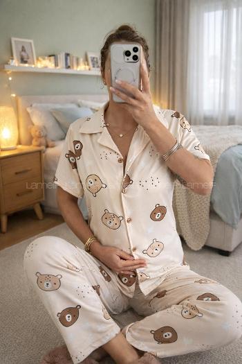 Lamelif Kadın Milan Soft Touch Ön Düğmeli Teddy Mood Pijama Takımı