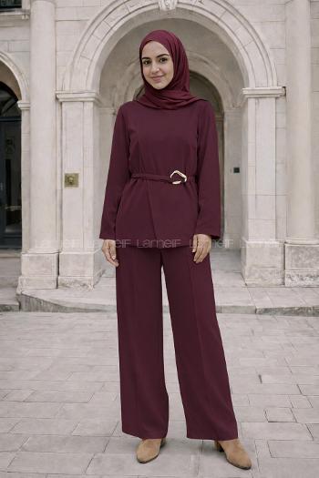 Plum Neckband Long Arm Elastan Polyester Regular Trousers Comfortable Suit
