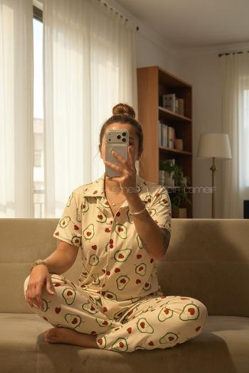 Lamelif Kadın Milan Kumaş  Avokado Desenli Ön Düğmeli  Mood Pijama Takımı