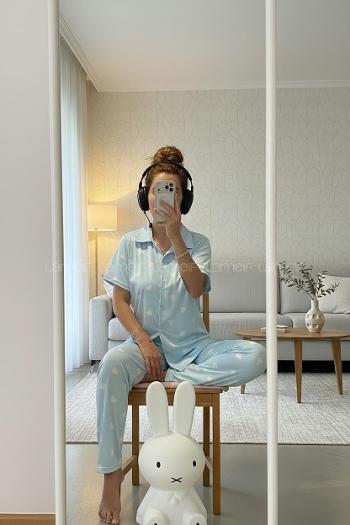 Lamelif Kadın Milan Kumaş  Kalp Desenli Ön Düğmeli  Mood Pijama Takımı