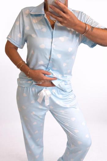 Lamelif Kadın Milan Kumaş  Kalp Desenli Ön Düğmeli  Mood Pijama Takımı