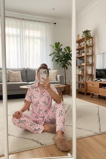 Lamelif Kadın Milan Kumaş  Tavşan Desenli Ön Düğmeli  Mood Pijama Takımı