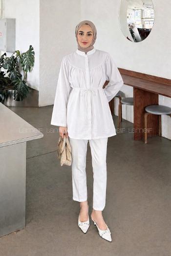 Lamelif Bağlama Detaylı Tesettür Gömlek Beyaz