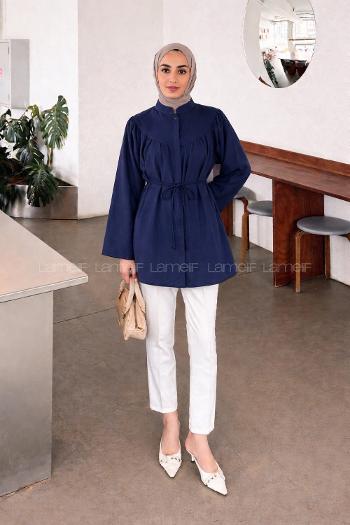 Lamelif Bağlama Detaylı Tesettür Gömlek Lacivert