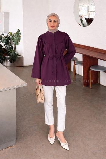 Lamelif Bağlama Detaylı Tesettür Gömlek Mürdüm