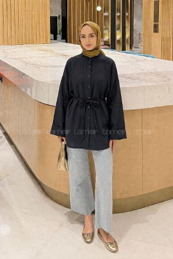 Black Shirt Collar Long Arm Viscose Fabric Shirt