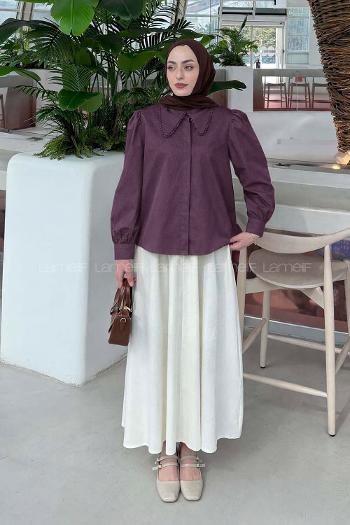 Lamelif Bebe Yaka Dantel Dikişli Gömlek Mürdüm