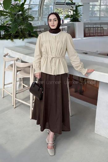 Beige Crew Neck Long Arm Viscose Fabric Unprinted Shirt
