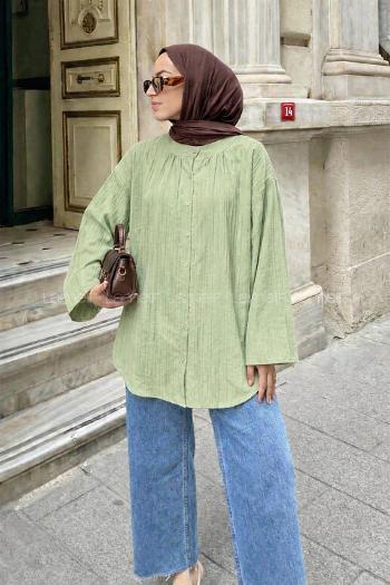 Lamelif Çizgi Detaylı Oversize Tesettür Gömlek Çağla Yeşili
