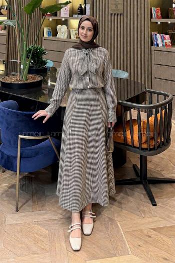 Lamelif Ekose Desen Kravat Yaka Takım Siyah