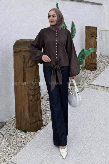 Lamelif Etek Ucu Bağlama Detaylı Balon Kol Gömlek Acı Kahve