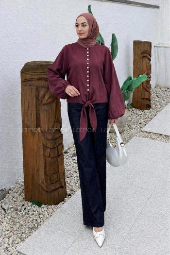 Lamelif Etek Ucu Bağlama Detaylı Balon Kol Gömlek Bordo