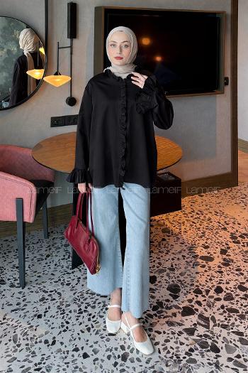 Black Mandarin Collar Long Arm Poplin Fabric Unprinted Shirt