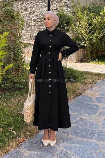 Lamelif Gömlek Yaka Belden Oturtmalı Elbise Siyah