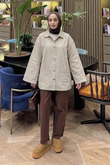 Lamelif Metal Düğme Kapama Oversize Ceket Bej