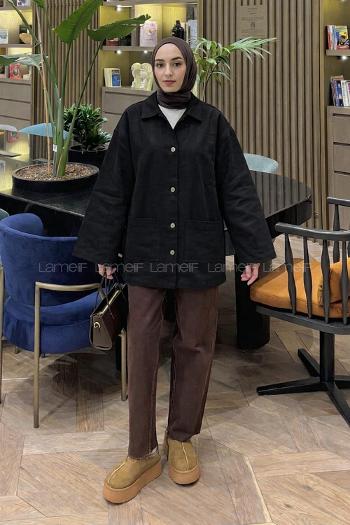 Lamelif Metal Düğme Kapama Oversize Ceket Siyah