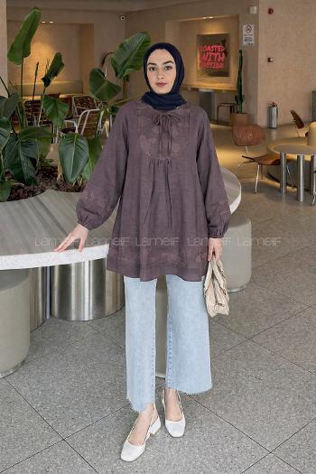 Lamelif Nakış İşlemeli Bağcıklı Tunik Koyu Kahverengi