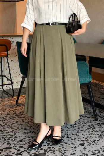 Lamelif Pileli Kemerli Etek Haki