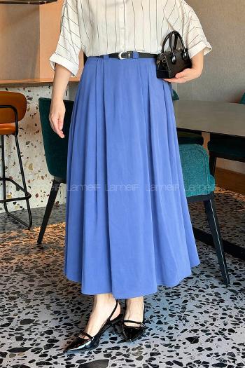 Lamelif Pileli Kemerli Etek İndigo