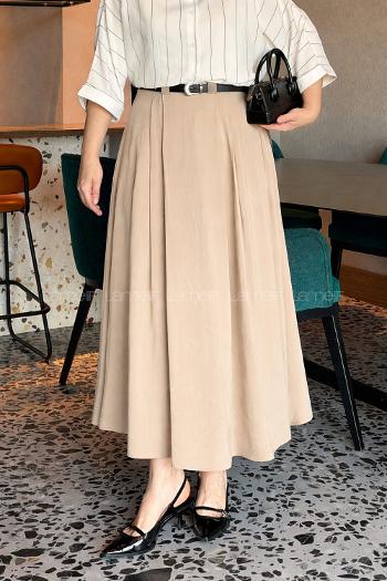 Lamelif Pileli Kemerli Etek Vizonrengi